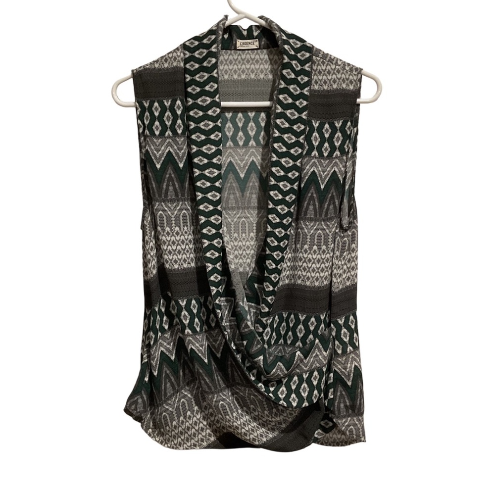 L’ Agency Wrap Blouse V-neck Sleeveles Green/Gray